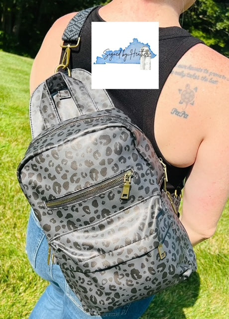 Midnight Black Leopard Sling Backpack