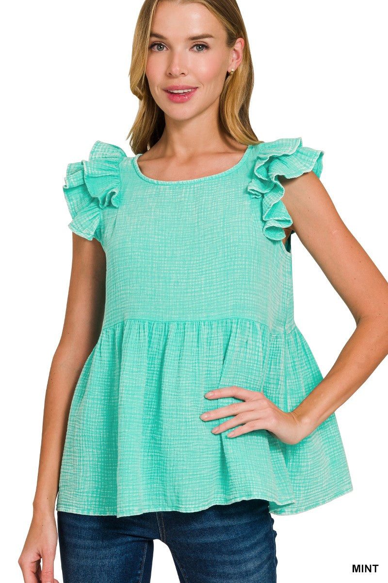 Acid Washed Ruffle Sleeve Top