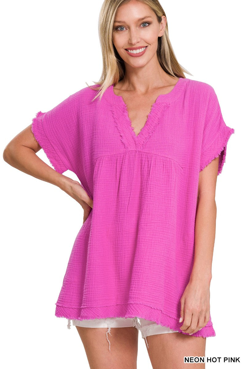Raw Edge Short Sleeve V-neck Shirt