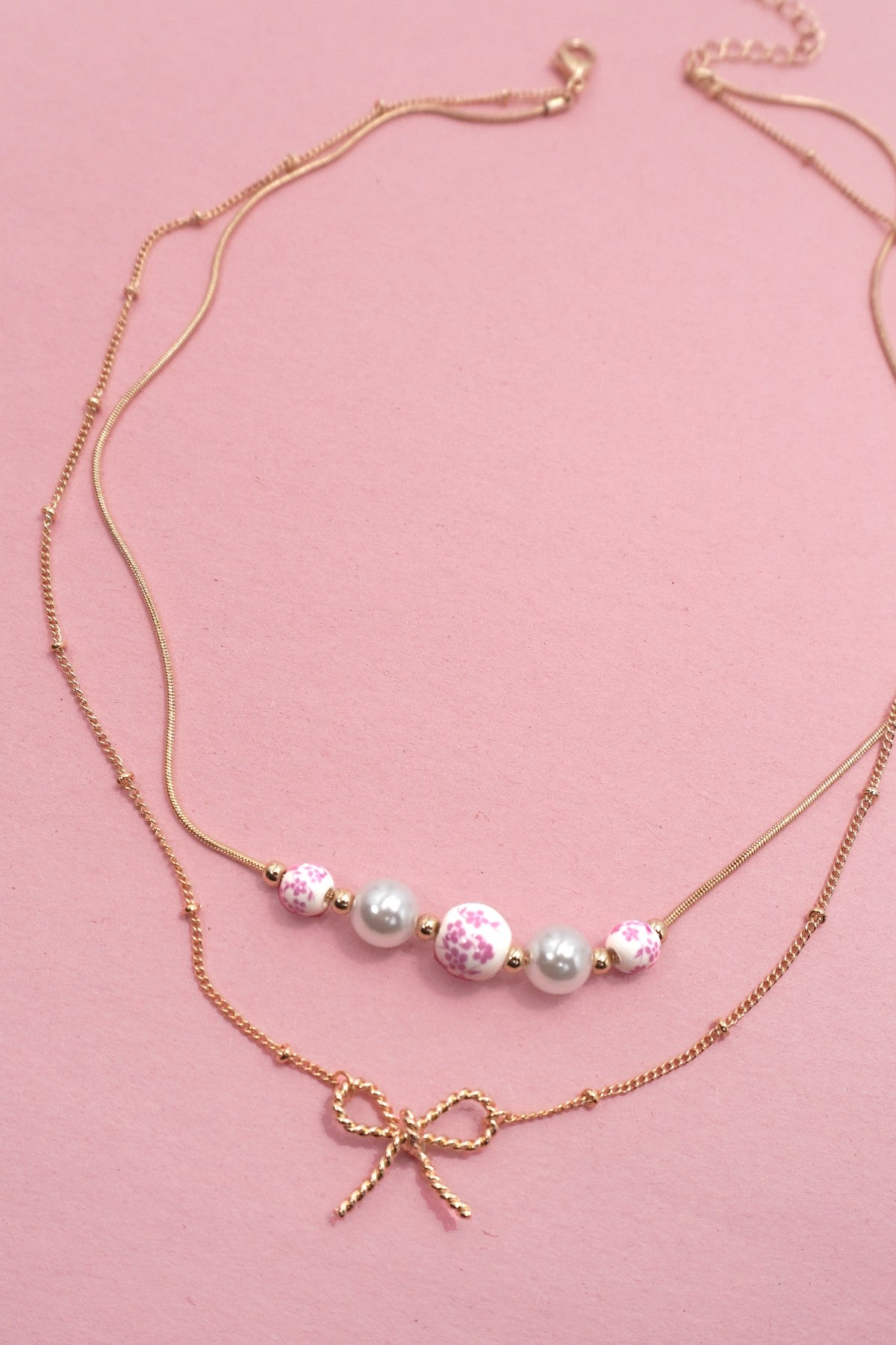 Pink Pearl Bow Layer Necklace