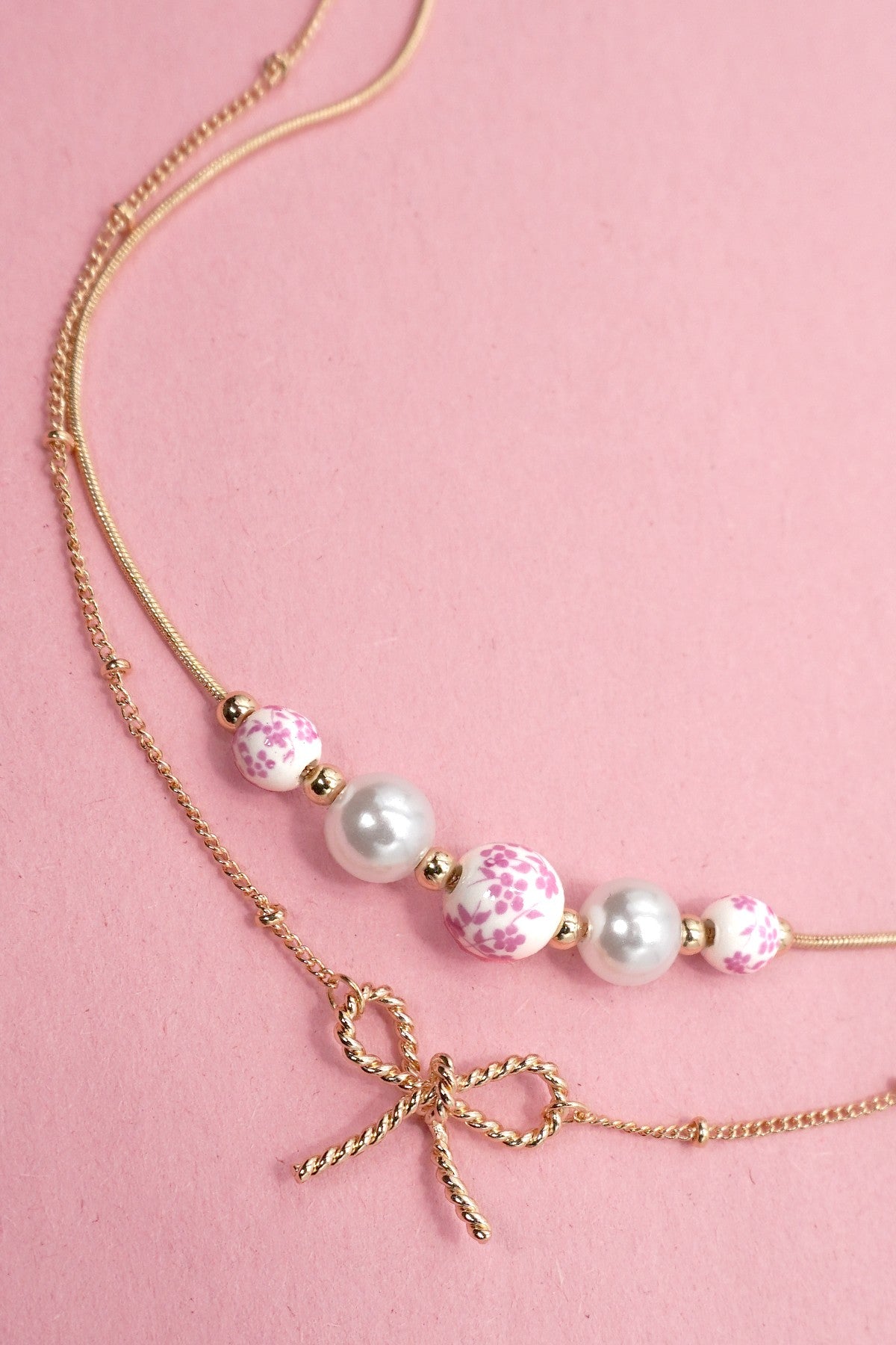 Pink Pearl Bow Layer Necklace