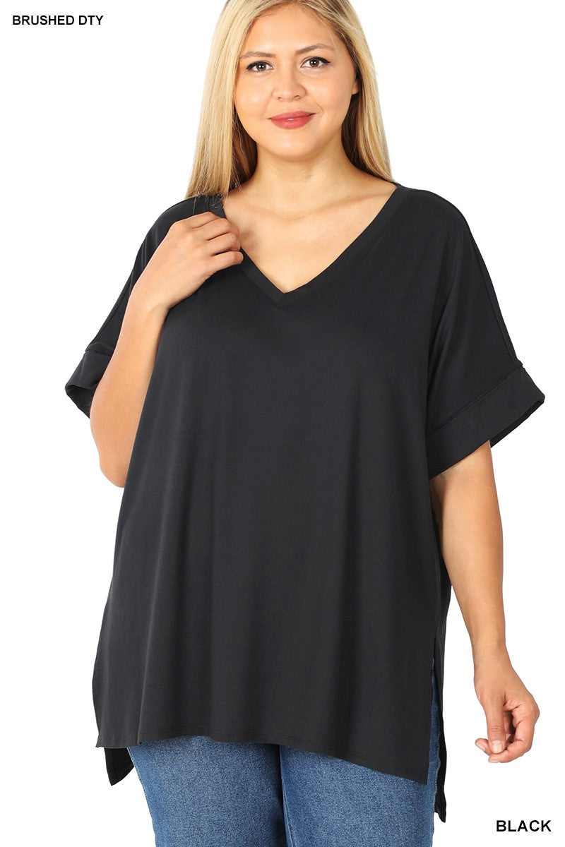 Plus Sized Rolled Short Sleeve V-Neck Top