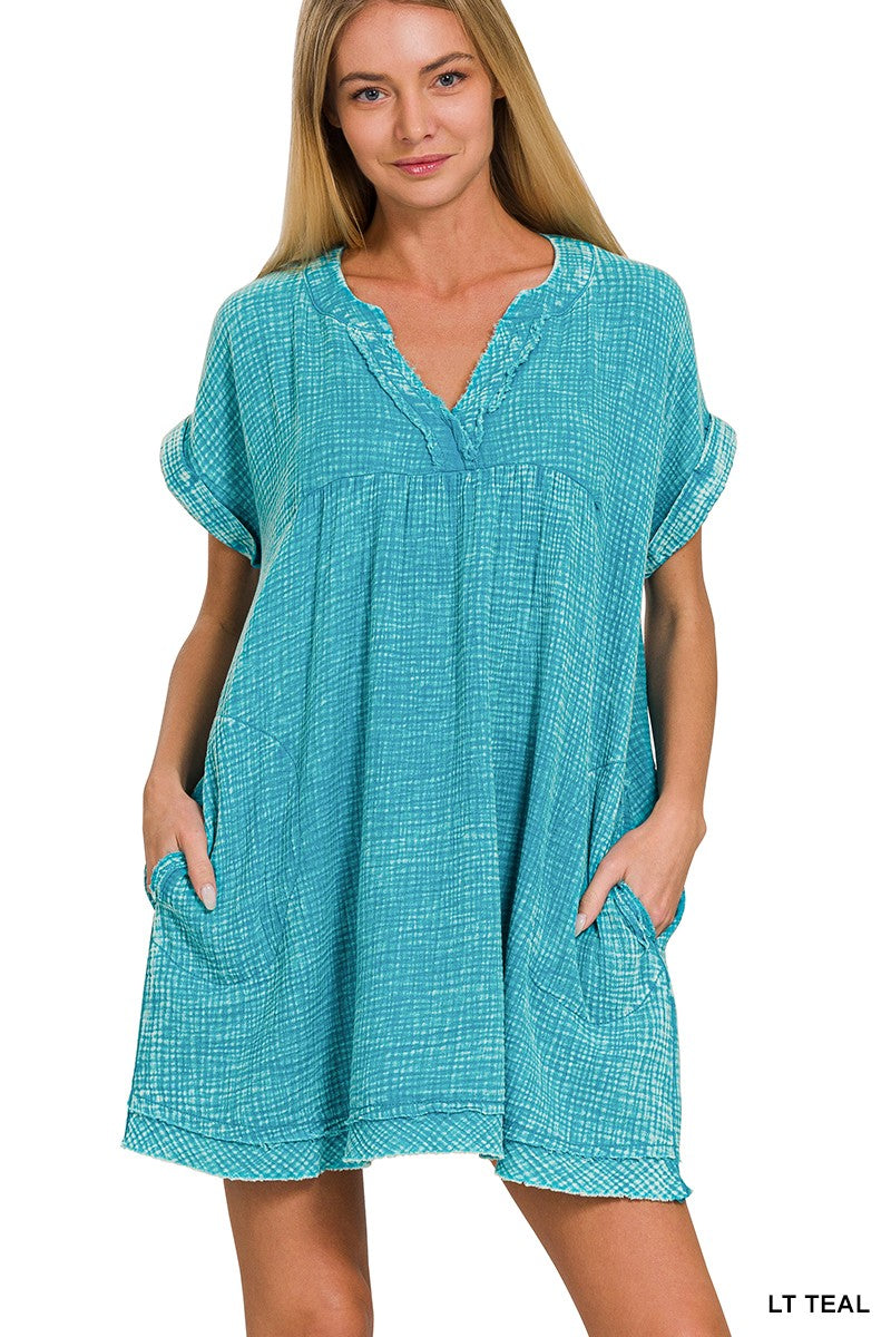 Washed Raw Edge V-neck Dress