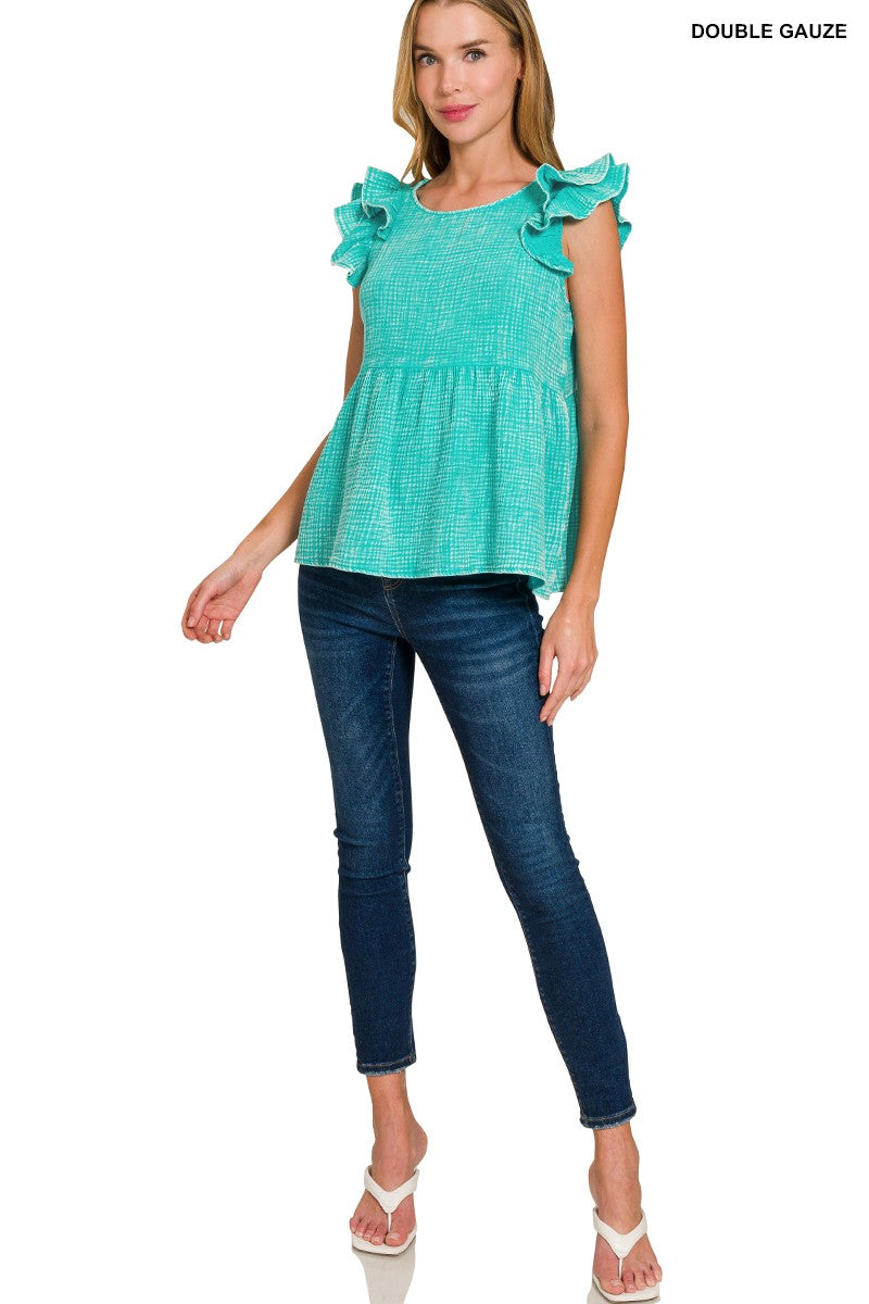 Acid Washed Ruffle Sleeve Top