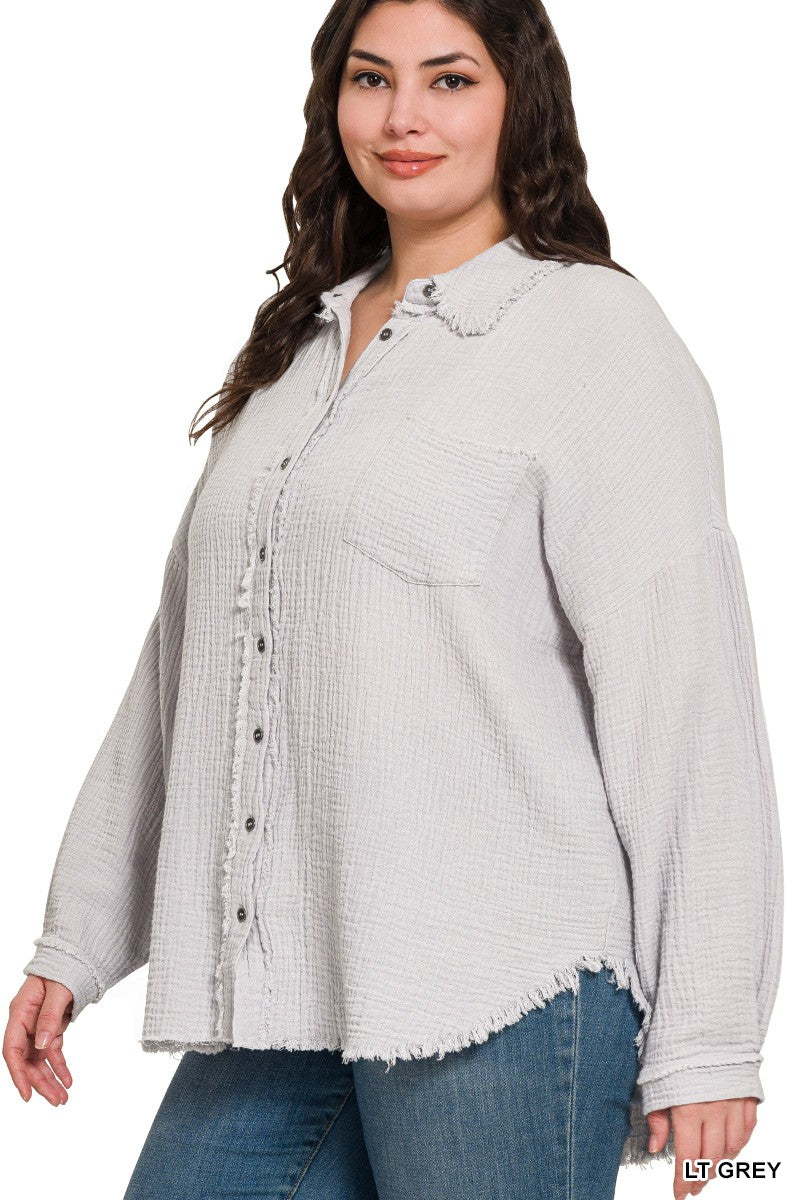 Plus Oversized Raw Edge Button Up