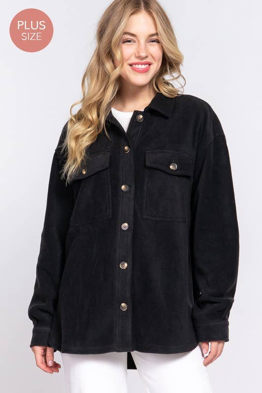 Plus Size Black Fleece Button Up