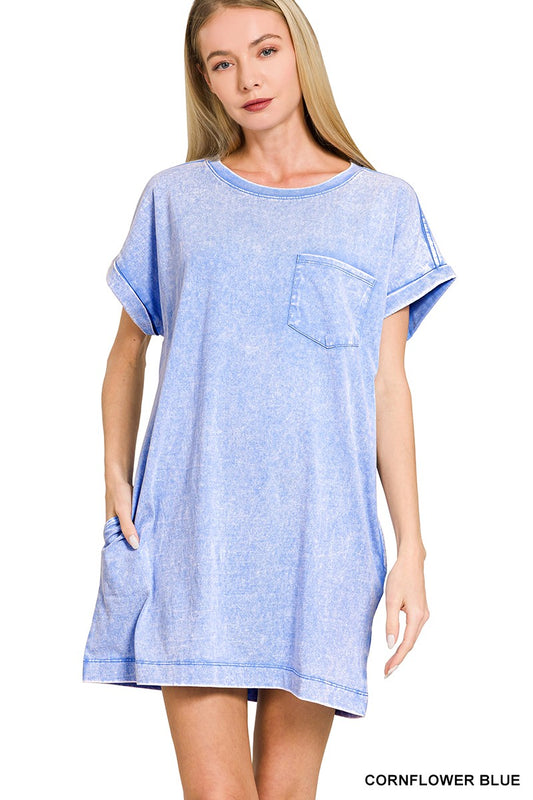 Blue Cotton Washed T-shirt Dress