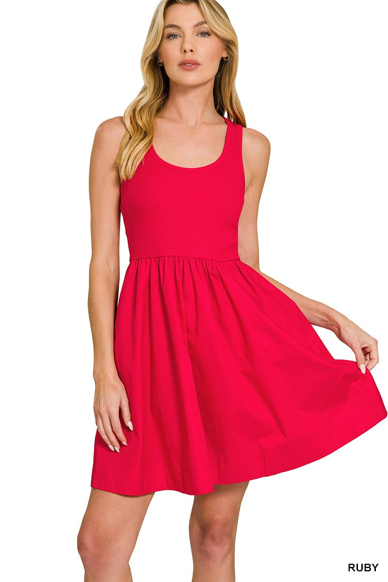 Red Combined Knit & Woven Midi Dress