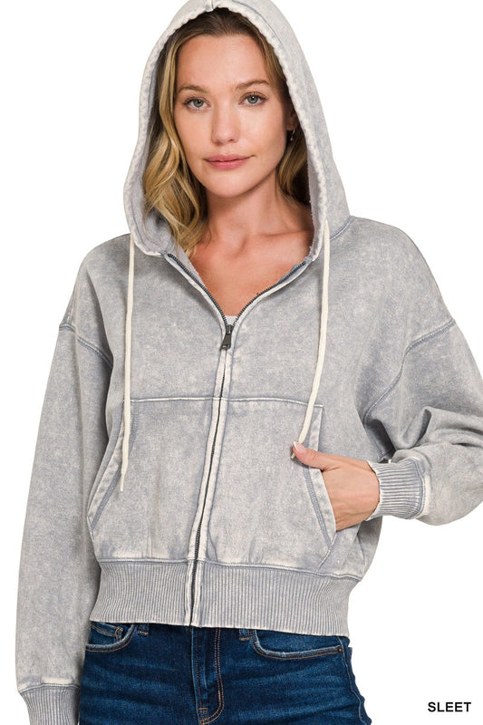 Gray Fleece Cropped Zip-up Hoodie