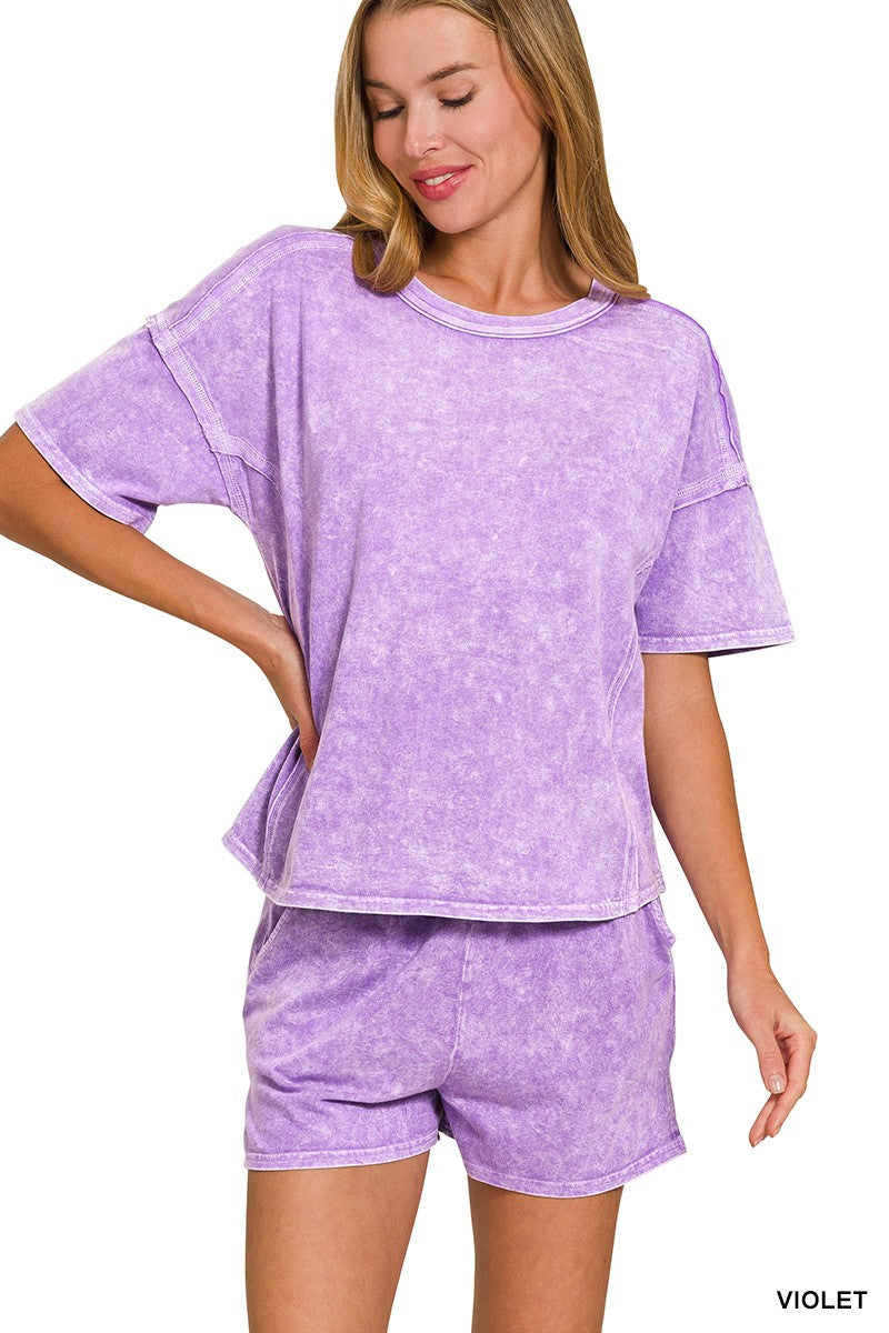 Purple Washed Short Sleeve Tee & Shorts Set