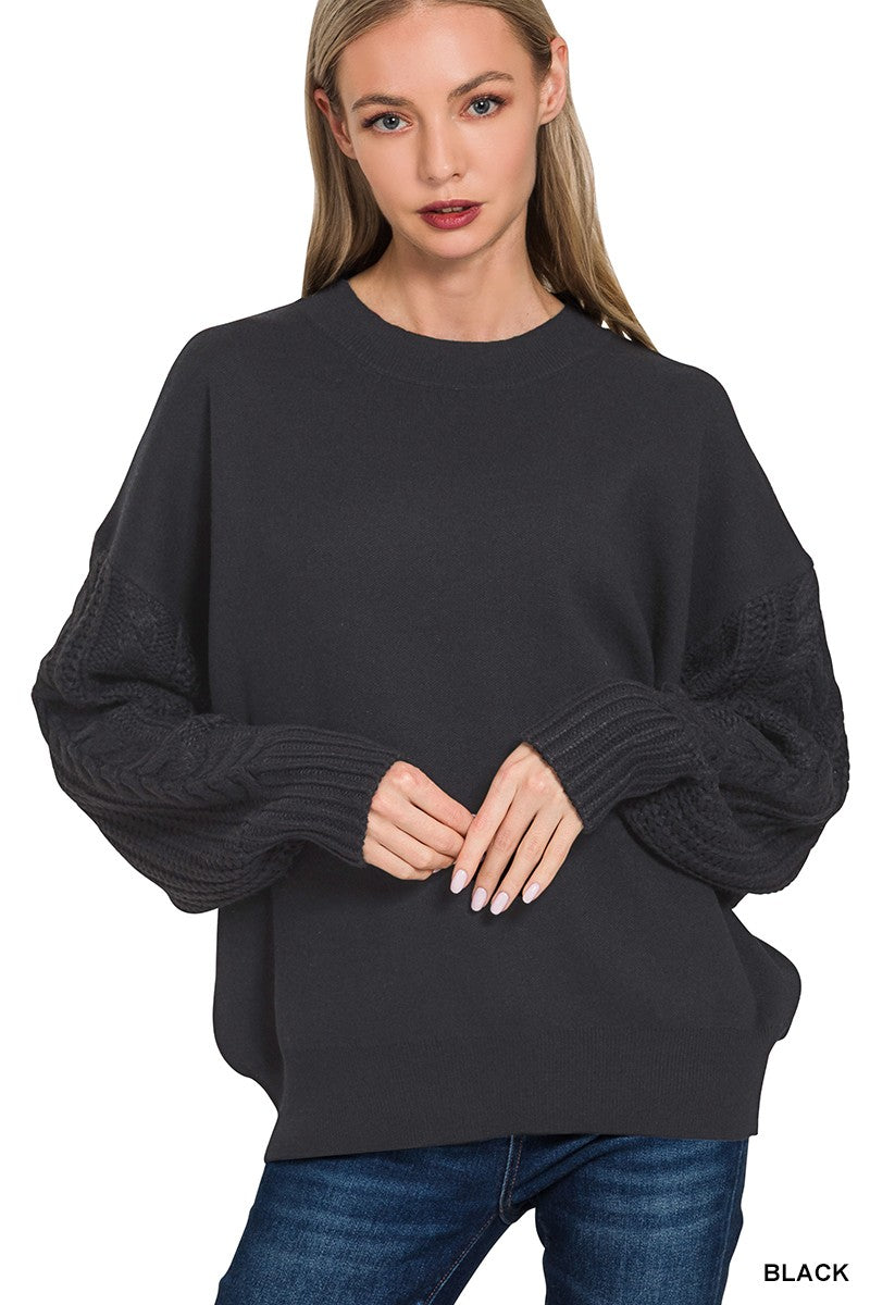 Black Cable Knit Sleeve Sweater
