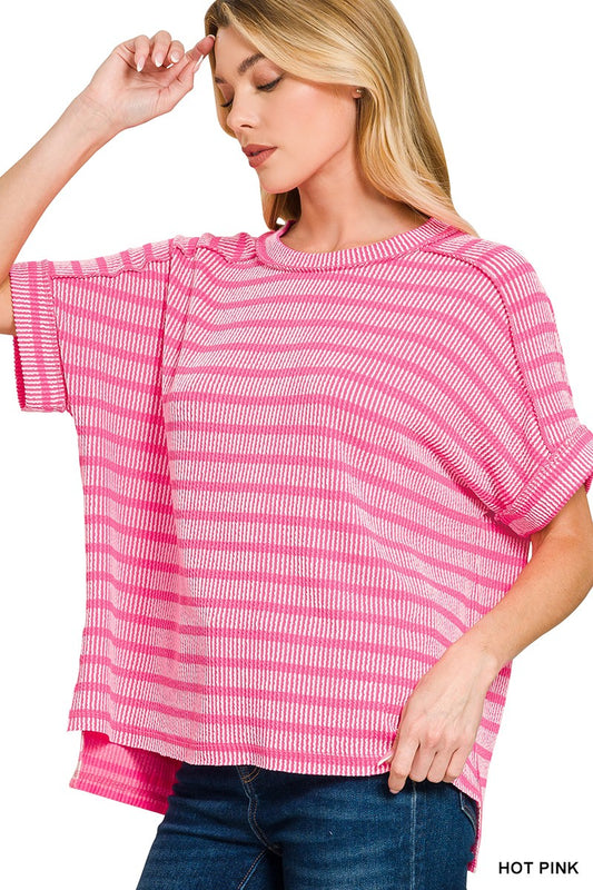Pink Rib Striped Exposed Seam Top