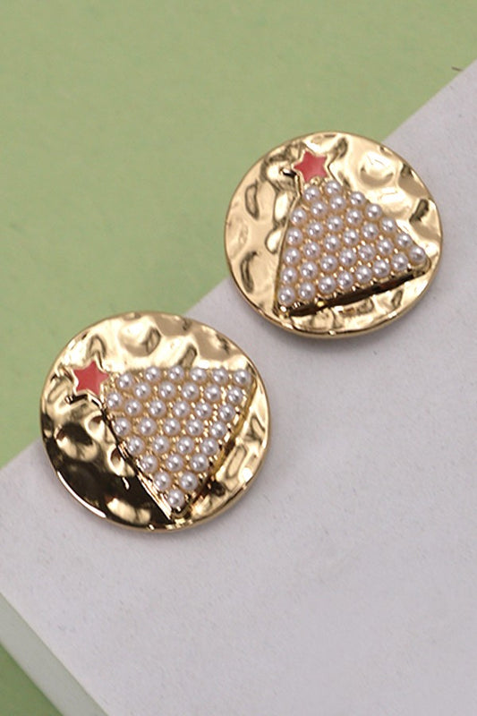 Gold Pearl Christmas Tree Stud Earrings