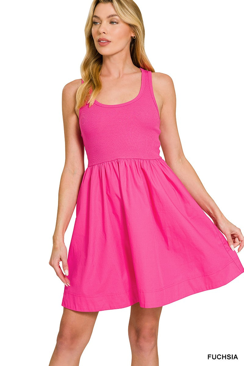 Pink Combined Knit & Woven Midi Dress