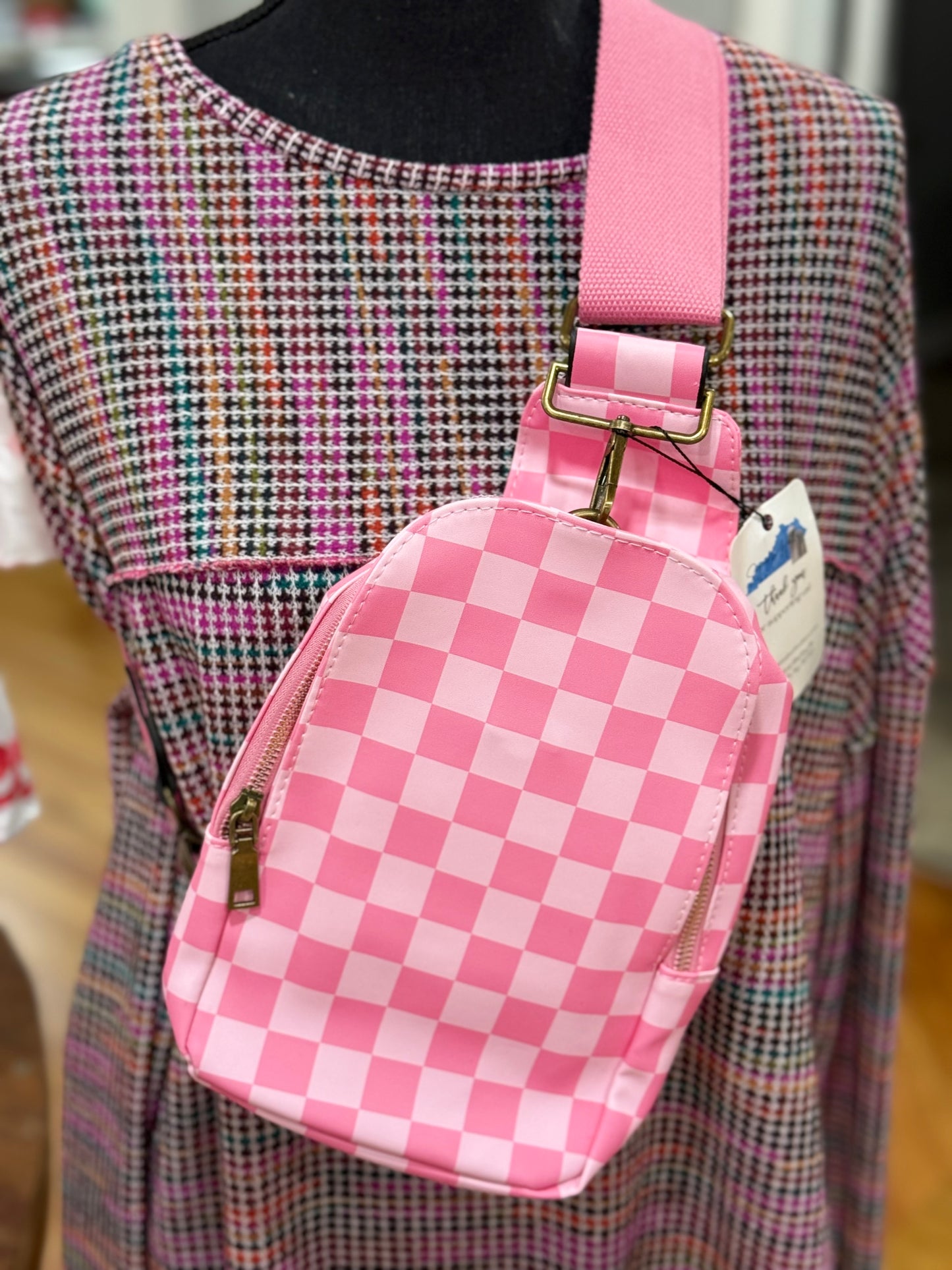 Pink and White Checkered Cross Body