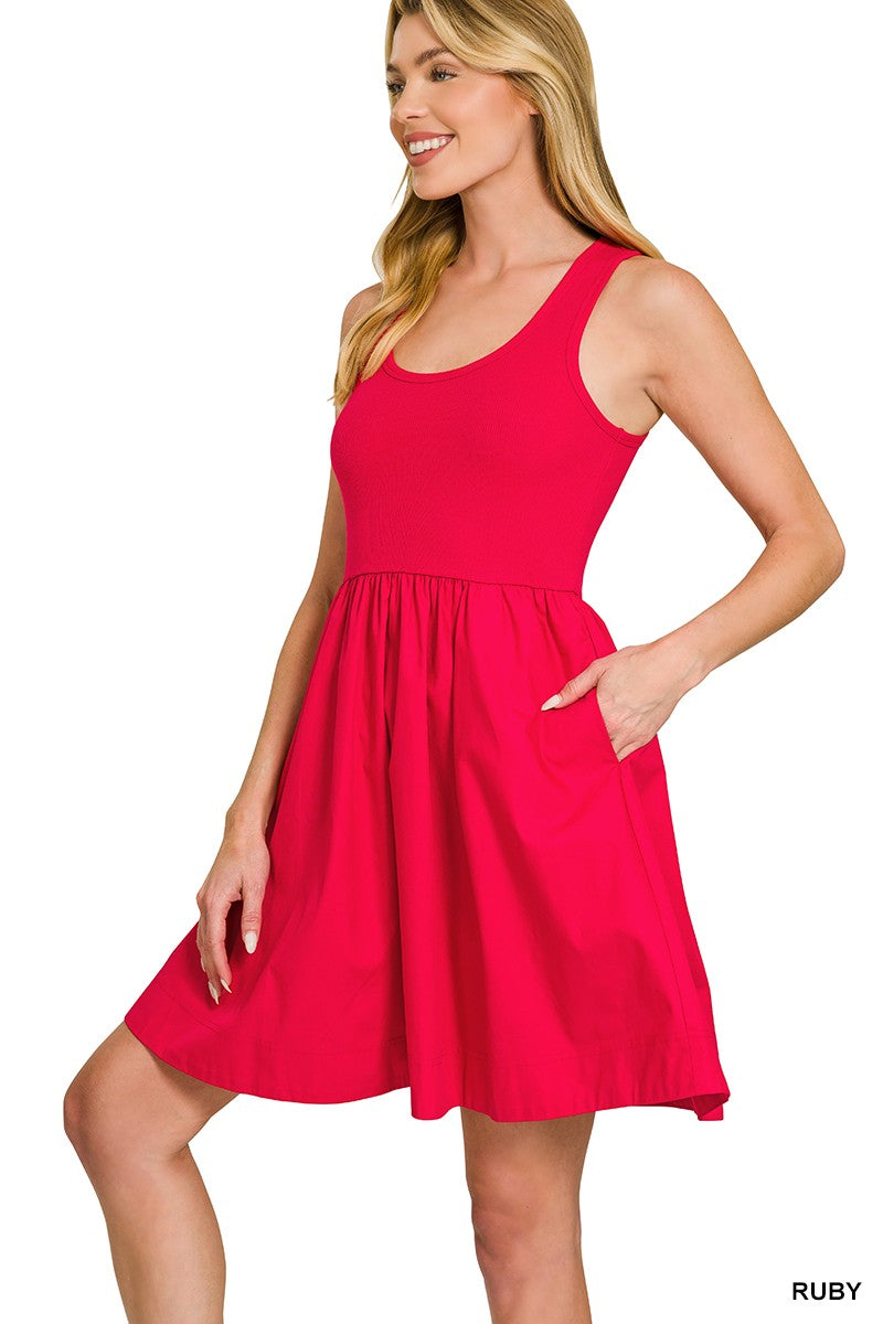 Red Combined Knit & Woven Midi Dress