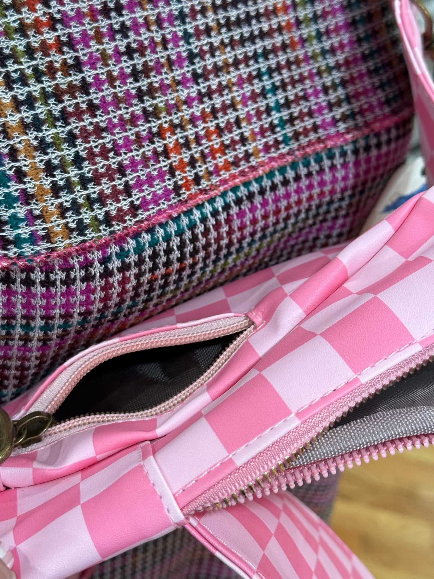 Pink and White Checkered Cross Body