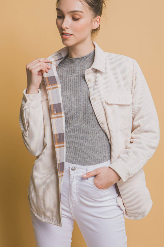 Cream Corduroy Reversible Button-Down Jacket