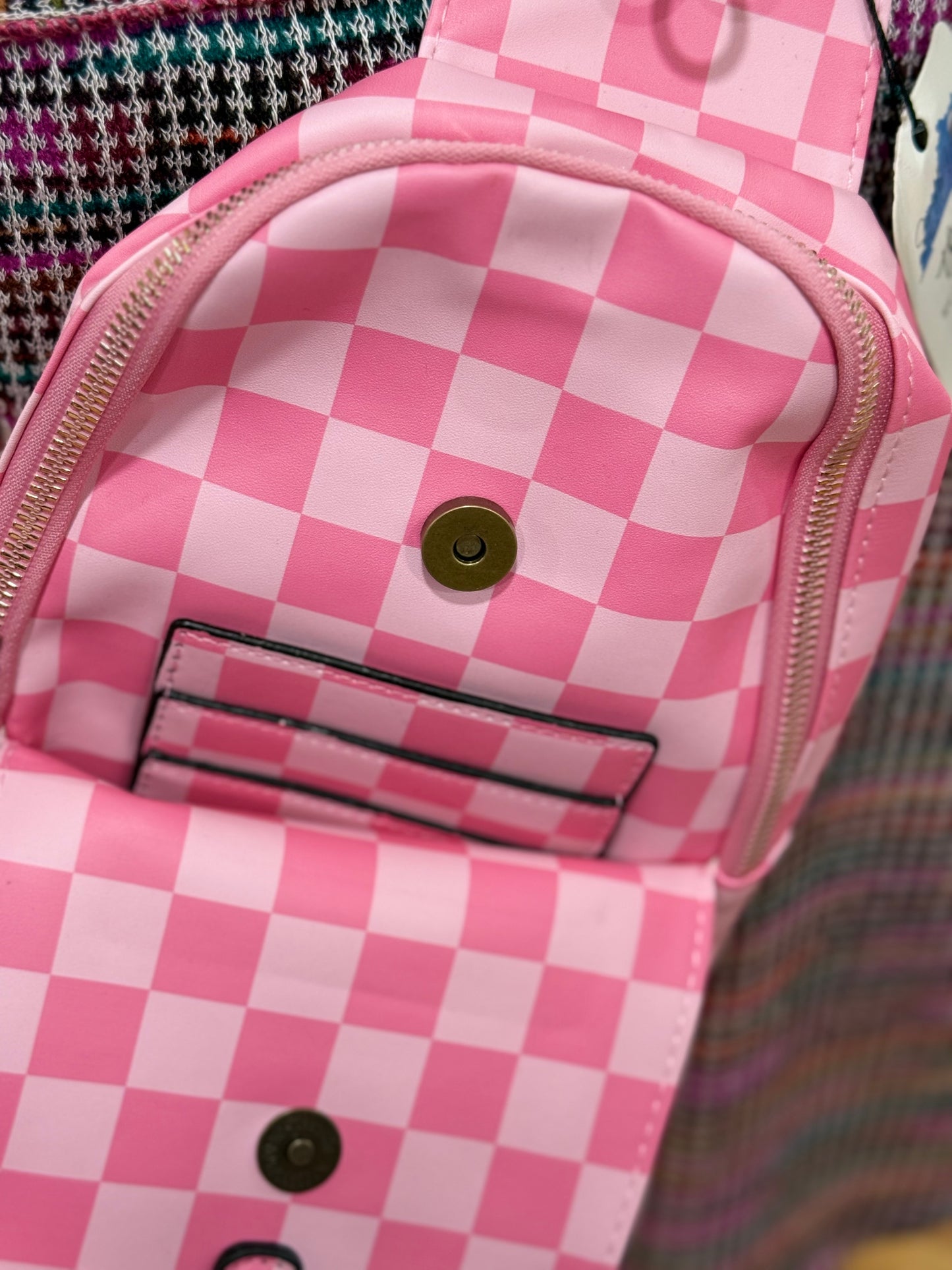 Pink and White Checkered Cross Body