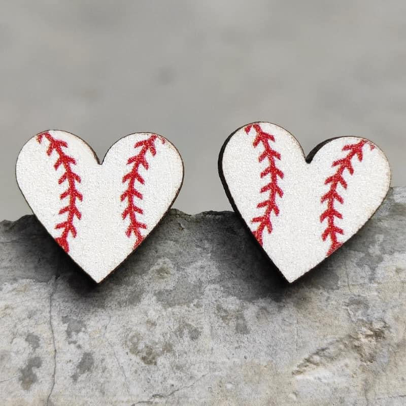 Heart Shaped Wooden Baseball Earrings