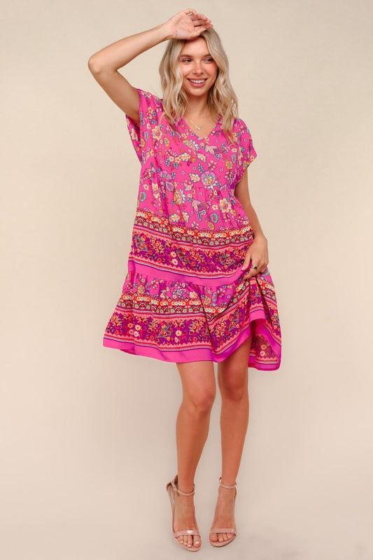 Tiered Knee Length Floral Border Print Dress