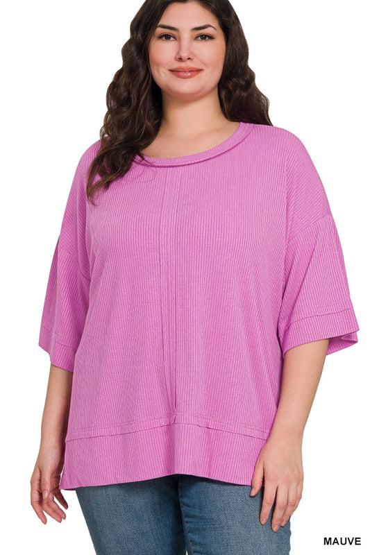 Plus Ribbed Boat Neck 3/4 Sleeve Top