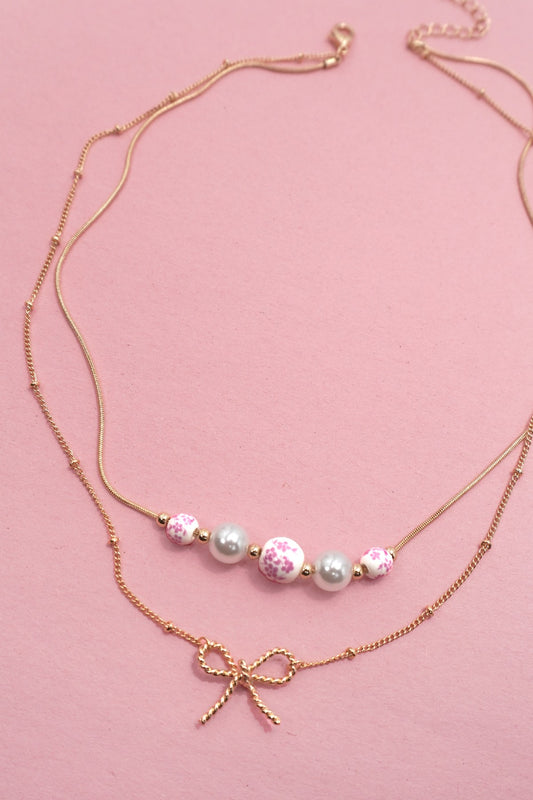 Pink Pearl Bow Layer Necklace