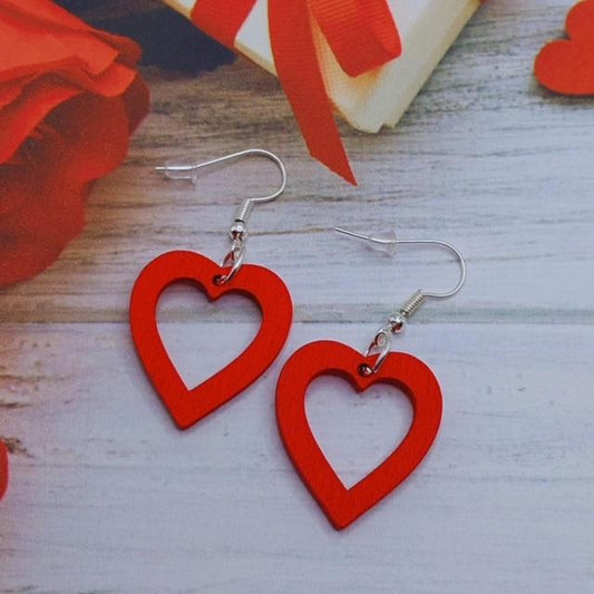 Red Wooden Heart Earrings