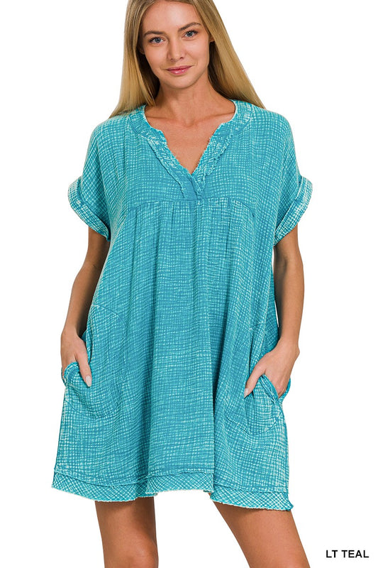Washed Raw Edge V-neck Dress